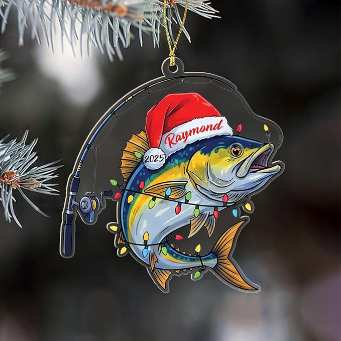 Personalized Year & Name Fishing Lover Christmas Tree Ornament Gifts for Men Dad Grandpa Uncle Husband, Customized Fishing Player Christmas Ornament Decor, Novelty Fish Shaped Xmas Ornaments 2025