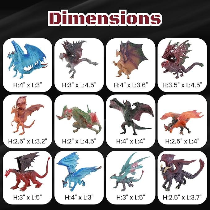 12 Pcs Dragon Toy Figures, 5" Large Realistic Hand Painted Mythical Figurines, Assorted Designs for Kids Party Favors & Cake Toppers