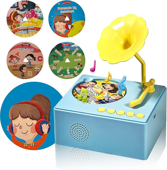 Kids Gramophone with 96 Learning Cards, Toddler Gramophone Music Toy, Kid Phonograph Toddler Record Player, Kid Gramophones, Children's Phonograph Story Music Player Gift Boys Girls (Blue)