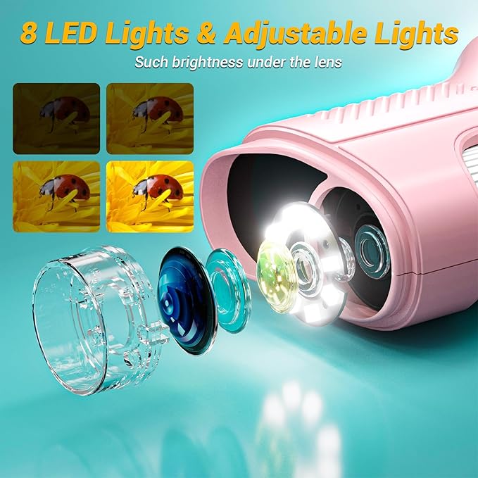 2.4" Screen Pocket Kids Microscope: 1000X Handheld Microscope for Photo and Video - Portable Science Kits STEM Toys – Christmas/Birthday Gifts for Girls & Boys Ages 3-12(Pink)