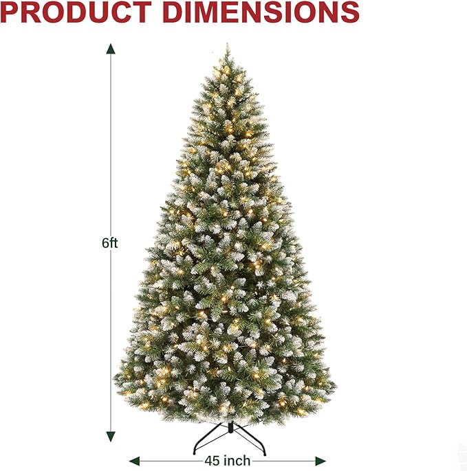 Hykolity 6 ft Prelit Christmas Tree with 250 LED Warm White Lights, Partially Snow Flocked Artificial Tree, 1032 PVC Branches, Metal Stand and Hinged Branches, Holiday Decoration for Home