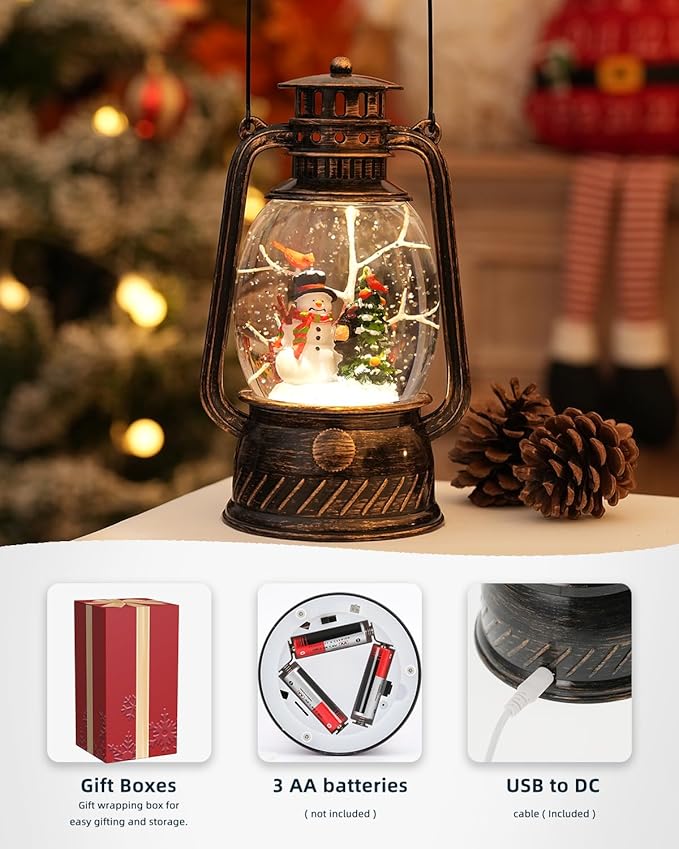 Snow Globe Christmas Decorations - Musical Christmas Snow Globes with 6H Timer,Snowman Cardinal Christmas Tree Scene Snow Globes Lantern USB or Battery Powered,Christmas Decorations Decor for Home
