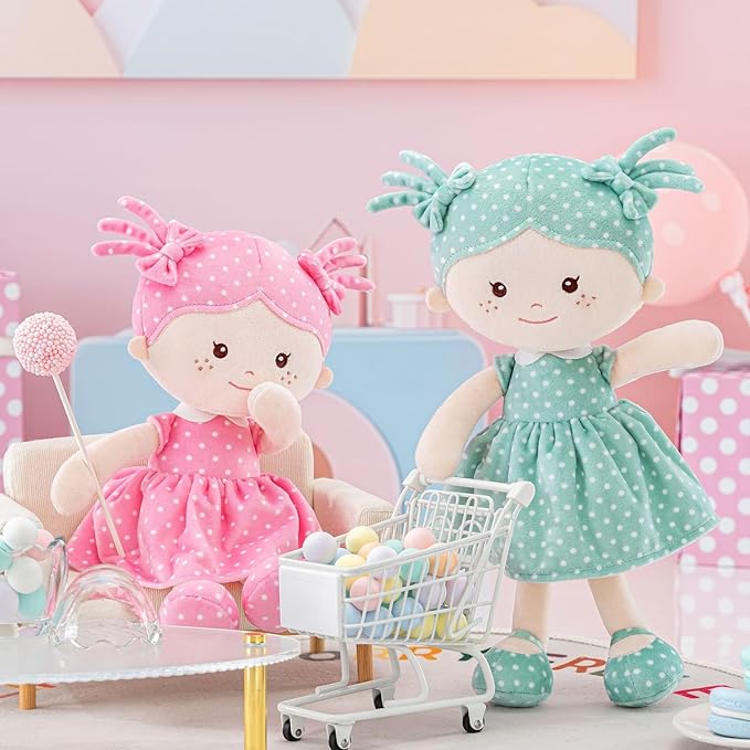 Onetoo Plush Rag Doll My First Baby Doll Soft Baby Doll for Girls Sleeping Cuddle Buddy Doll Wear Green Dress White Polka Dot 14"（Milly Series）