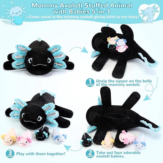 5 Pieces Axolotl Stuffed Animals with Babies Inside Belly - 1 Mommy Stuffed Axolotl with 4 Babies - Black Axolotls Plush Toy for Kid Age 3-8, Gift Ideal for Christmas, Valentine's, Birthday