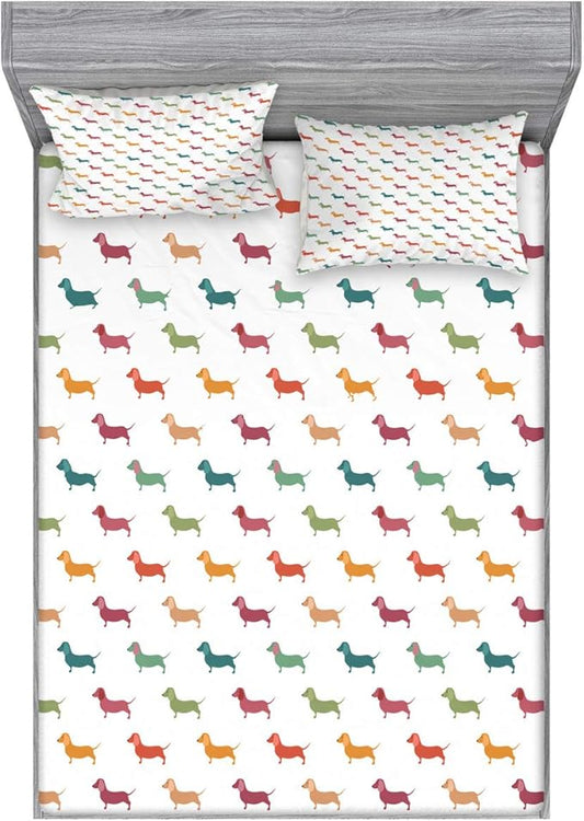 Ambesonne Scottie Dog Fitted Sheet & Pillow Sham Set, Repeating Pattern of Soft Pastel Colored Happy Little Dachshund Breeds, Decorative Printed 3 Piece Bedding Decor Set, Full, Plum Orange