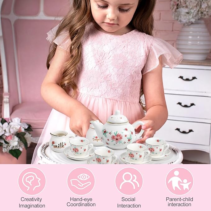Porcelain Tea Set for Girls, Tea Party Set for Little Girls, Kids Tea Set Kitchen Pretend Play, Princess Tea Time Playset with Teapot Cups Carry Case, Toddler Girl Toys Birthday Gifts Age 3+
