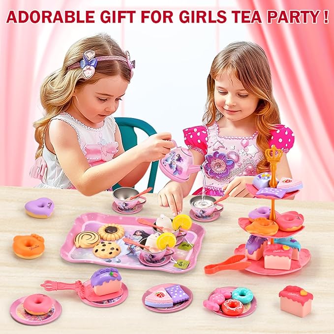 Toddlers Unicorn Tea Party Set for Little Girls, Pretend Tin Teapot Set, Princess Tea Time Play Kitchen Toy with Dessert, Doughnut, Carrying Case for Birthday Easter Gifts Age 3 4 5 6