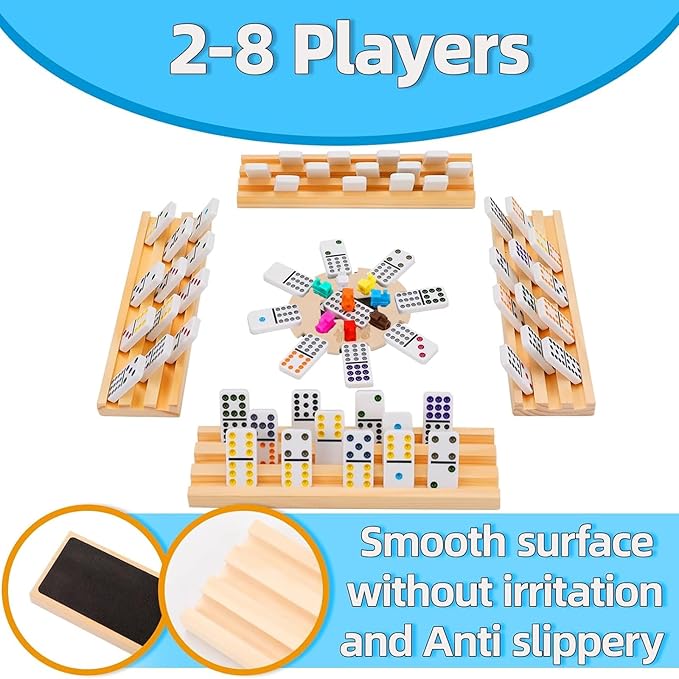Upgraded Double 12 Mexican Train Dominoes Set with 8 Wooden Racks & 91 Number Tiles Portable Travel Board Game for Kids and Adults Family Game Night