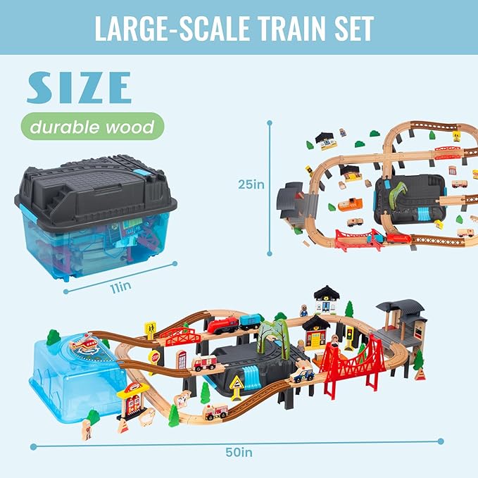 100Pcs Wooden Train Set for 3 Year Old Boys, Double-Side Train Set Tracks with Bridge Train Station & Storage Box, Fits Brio, Thomas, Melissa and Doug, Kids Gift Toys for Boy 3-7 (100pcs)