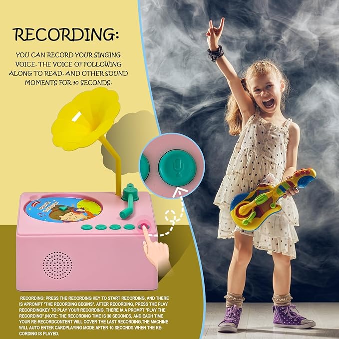 Kids Gramophone with 96 Learning Cards, Toddler Gramophone Music Toy, Kid Phonograph Toddler Record Player, Kid Gramophones, Children's Phonograph Story Music Player Gift Boys Girls (Pink)