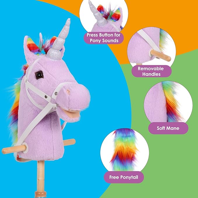 Plush Stick Horse with Wood Wheels Real Pony Neighing and Galloping Sounds Toy, Horse on A Stick for Toddlers & Preschoolers (AA Batteries Required)