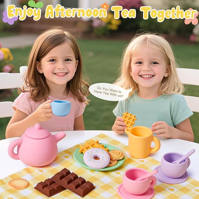 Golray Silicone Tea Sets for Toddlers 3-5, 22pcs Washable Tea Party Set with Storage Box/ Picnic Cloth, Pretend Play Kitchen Accessories Birthday Gifts Girls Toys for Kids 3 4 5 6 Years Old