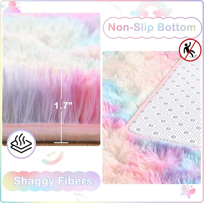 Ompaa Soft Fluffy Rainbow Kids Rug for Girls Bedroom Carpets, 6x9 Feet, Pastel Unicorn Room Decor, Kawaii Tie Dye Rugs for Teens Dorm Aesthetic, Shaggy Nursery Area Rug for Baby Toddler Princess Room