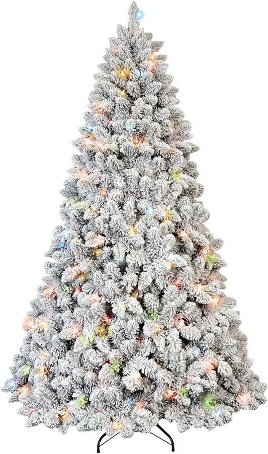 7ft Perlit Snow Flocked Christmas Tree with Lights,Artificial Christmas Tree with Pine Cones,1268 Branch Tips, Premium Spruce Full Xmas Tree for Easy Holiday Setup