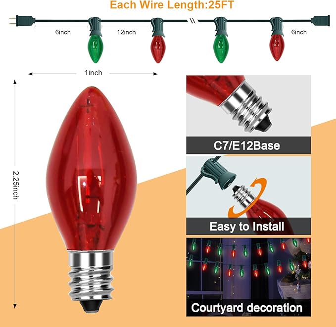 C7 LED Red and Green Christmas Lights 25Ft LED Outdoor String Lights with 27 Clear Red & Green Bulbs, Vintage Christmas Lights for Tree Carnival Patio Wedding Holiday Pathway Roofline Decor