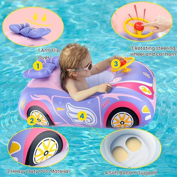 3D Car Thick PVC Inflatable Baby Swim Pool Float with Sun Shade Cover and Steering Wheel - Age 1-4 Years Old