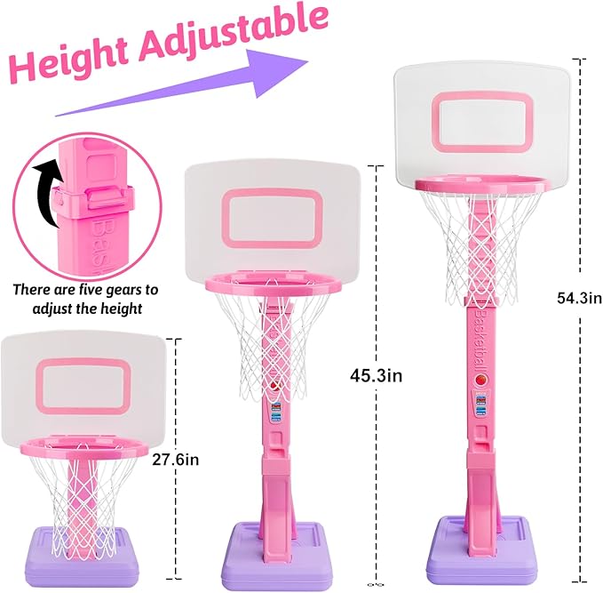 Toddler Pink Basketball Hoop Indoor Outdoor Backyard Poolside Basketball Hoop for Kids 1-3 4-8 Height Adjustable Girls Basketball Goal with Balls Toys for 1 2 3 4 Year Old Girl Birthday