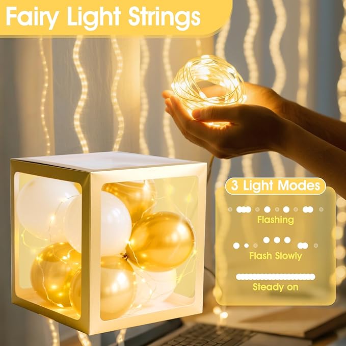 Ledido Baby Boxes with Letters for Baby Shower Decoration, 4 pcs Clear Baby Balloon Boxes Blocks with LED Fairy String Lights 38 Balloons for Boy Girl Gender Reveal Birthday Party (Gold)