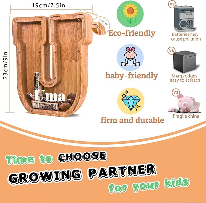 Personalized Wooden Letter Piggy Bank for Kids Larger Letter Piggy Bank for Boys and Girls Initial Coin Bank Customized Piggy Bank Perfect Wood Kids Money Bank for Birthday and Festival