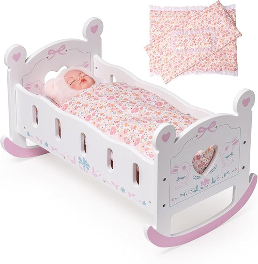 ROBOTIME Wooden Baby Doll Crib, Doll Cradle Bed for 18-24 Inch Dolls, Baby Doll Crib Set with Blanket and Pillow, Toy Doll Bed for Girls Ages 3+