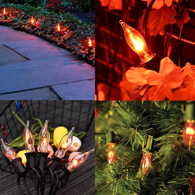 Christmas Flicker Flame String Lights, 10Ft Amber Flame String Lights with 10 C18 Flame Bulbs, E12/C7 Base Christmas Lights for Indoor/Outdoor Decoration Party Room Garden Docor-Green Wire