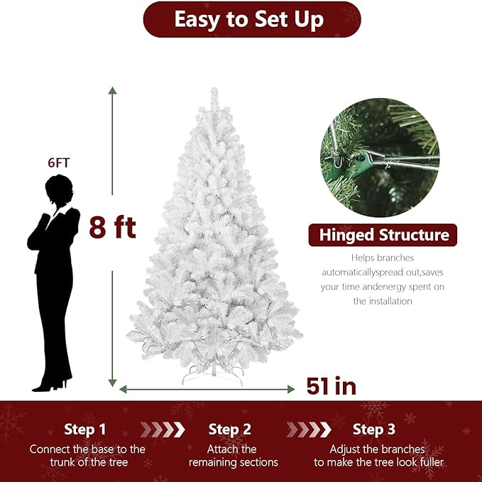 8ft White Christmas Tree with 1430 Steel Branch Tip,Unlit Premium Full Hinged Spruce Christmas Tree with Foldable Base, Artificial Xmas Tree for Easy Holiday Setup