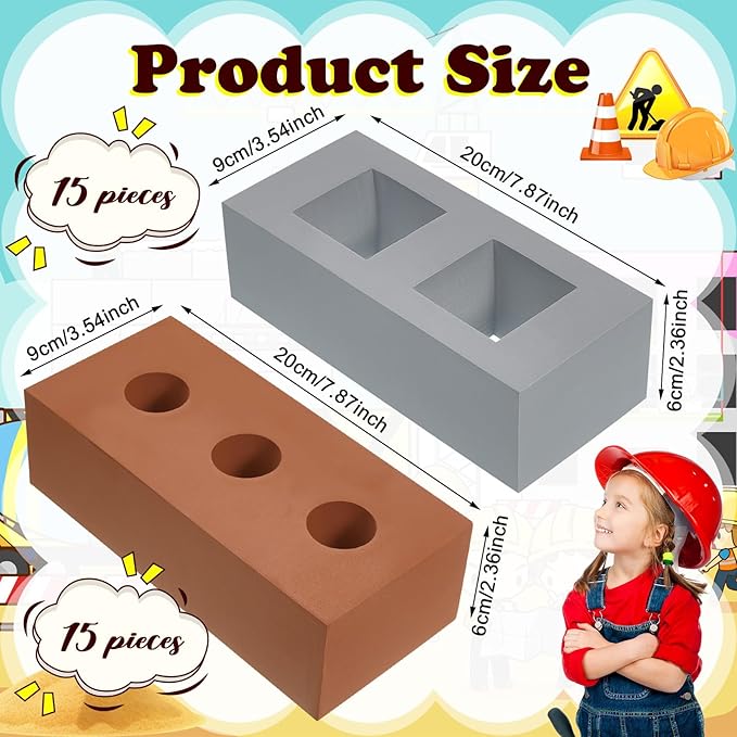 Deekin 30 Pcs Foam Brick Building Blocks for Kids Thick Blocks Foam Large Fake Brick Construction Toy for Stacking Construction, 8 x 4 x 2.4 in(Square Circle Holes)