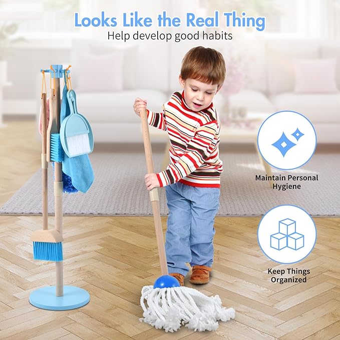 WHOHOLL Wooden Toddler Cleaning Set, Blue Toys Montessori Toys for 3+ Years Old Boy, Housekeeping Play Set Includes Broom Mop Duster Dustpan Sponge and Organizing Stand, STEM Skill Developmental Gift