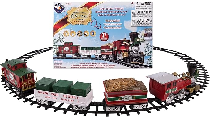 Lionel Battery-Operated North Pole Central Freight Toy Train Set with Bluetooth, Locomotive, Train Cars, & Track with Authentic Train Sounds, Lights, & Water Vapor Smoke Effects for Kids 4+