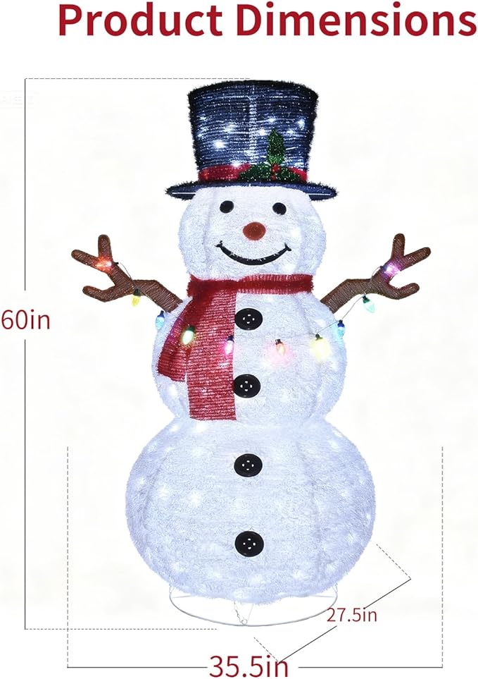 HOYECHI 5ft Lighted Pop-Up Snowman - Large White Outdoor Christmas Decoration with 200 LED Lights, Hat, Scarf, 10 Multicolored Lights, Holiday Ornaments for Home, Lawn and Front Yard