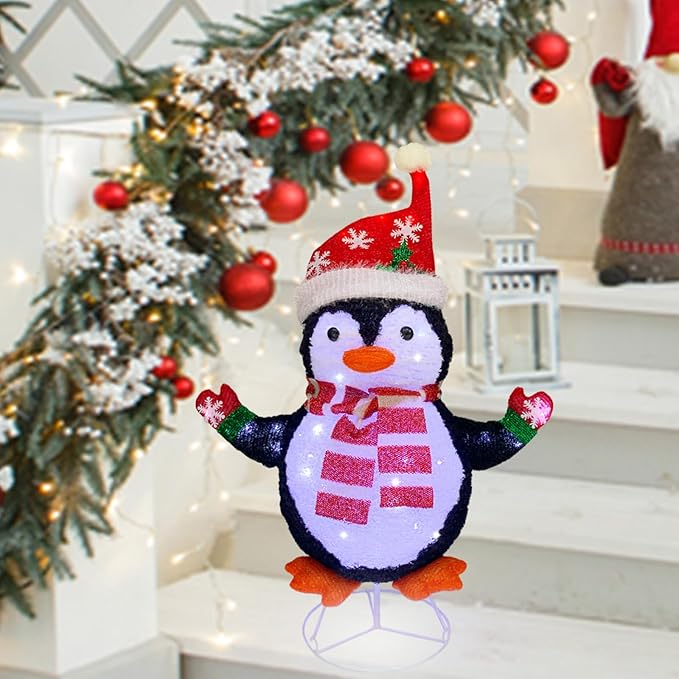 Lighted Penguin Outdoor Christmas Decorations, Pop-Up Christmas Penguin Outdoor Décor Prelit 60 Lights, Collapsible Light Up Red Penguin Christmas Decorations for Home Porch, Yard, Garden-Red