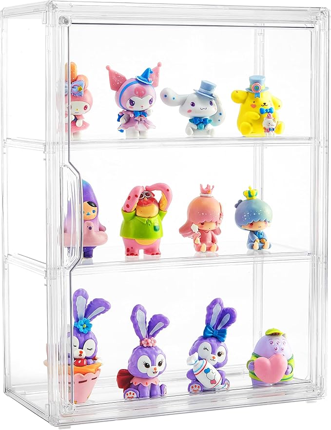 Acrylic Display Case for Collectibles 3 Tier Figure Display Case with 2 Movable Plates Clear Display Cases for Figures with Magnetic Door Tall Display Box, 1 Pack