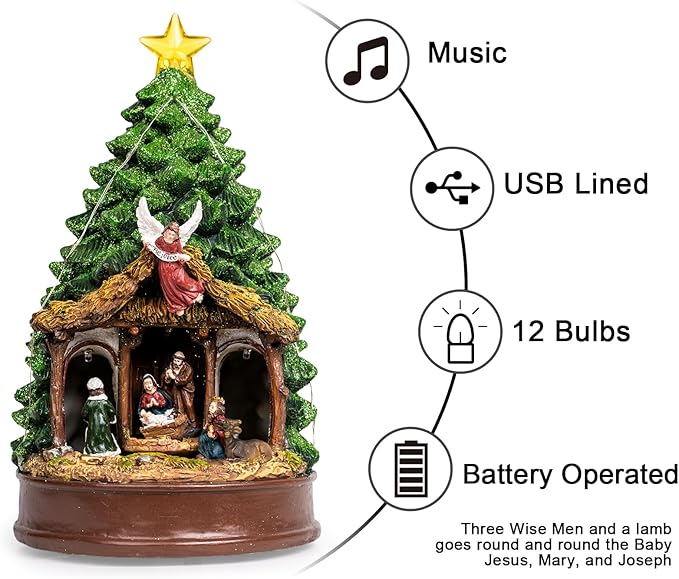 Musical Christmas Tree Rotating Nativity Scene with Star LED Light, Christmas Holy Family Angel Figurines for Xmas Decor Gift, Tabletop Decorative Christmas Trees Ornaments