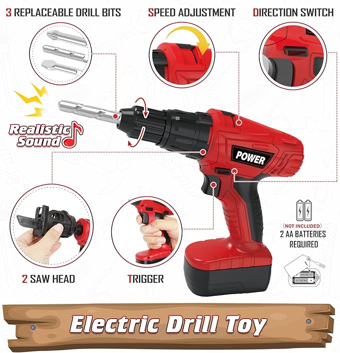 WishaLife Kids Tool Set - Toddler Tool Set with Toy Chainsaw, Drill, Pretend Play Construction Tools Toy Gift for Boys, Girls Age 3 4 5 6 7