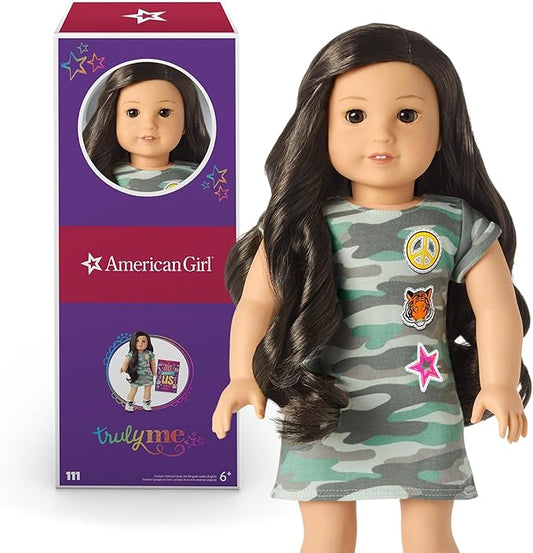 American Girl Truly Me 18-inch Doll #111 with Brown Eyes, Black-Brown Hair, Light Skin, Camo T-shirt Dress, For Ages 6+