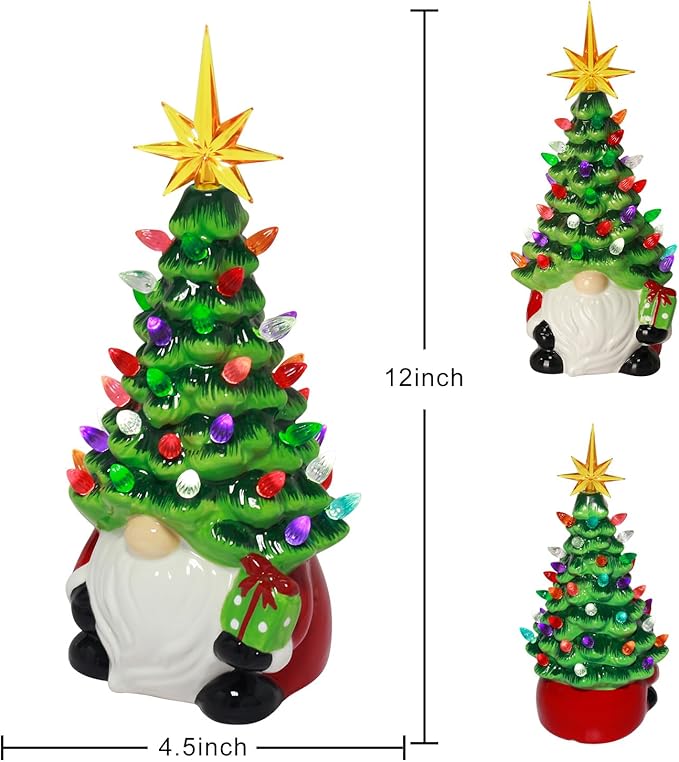 Gnomes Christmas Decorations - 12" Lighted Up Gnomes Ceramic Christmas Tree with 46 Multicolored Lights - Mini Pre-lit Hand-Painted Xmas Tree Decor for Home Indoor