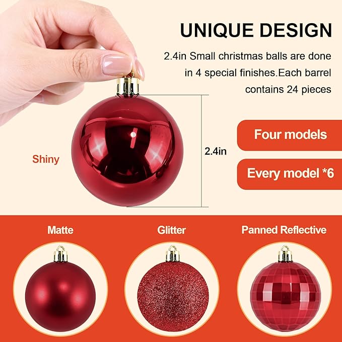 2.36" Christmas Balls Christmas Tree Ornaments Shatterproof Plastic Holiday Ornament Festival Hanging Ball Holiday Decorations Set of 24pcs
