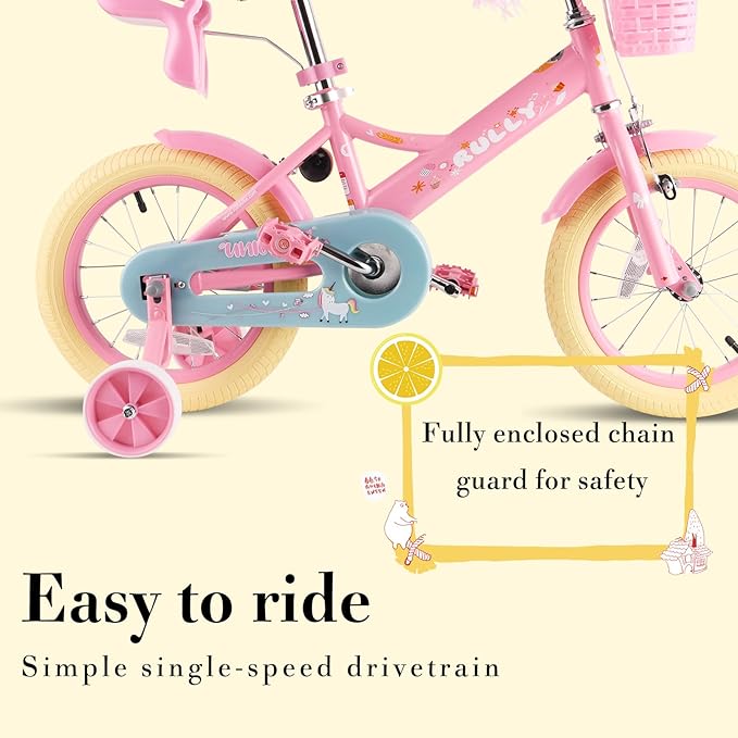 RULLY Kids Bike 12 14 16 inch for 2-7 Years Girls with Training Wheels & Front Handbrake, Kids Bicycle with Basket Bike Streamers Toddler Cycle Bikes