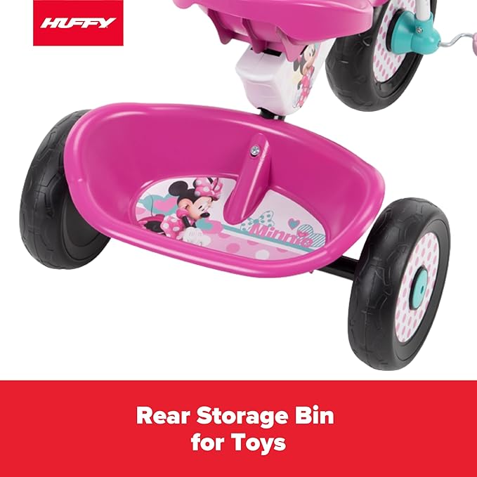 Huffy Disney Minnie Mouse Girl's Trike, Ideal for Ages 3+, Minnie Mouse Graphics, Pink Handlebar Bow Basket, Storage Bins for Snacks or Toys, Sturdy and Durable, Safe for Toddlers