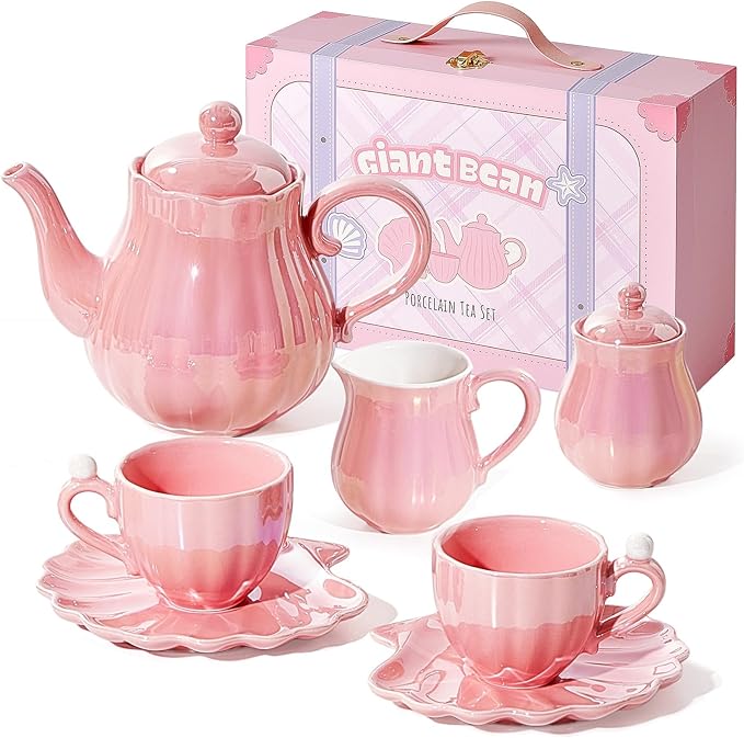 Giant bean Porcelain Tea Set, Pearl Pink Real Tea Party Set for Little Girls, British Royal Princess Series Teapot & Cup & Saucer & Sugar Bowl & Suitcase, for Little Kids Toddlers