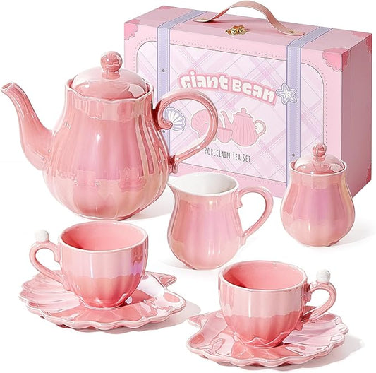 Giant bean Porcelain Tea Set, Pearl Pink Real Tea Party Set for Little Girls, British Royal Princess Series Teapot & Cup & Saucer & Sugar Bowl & Suitcase, for Little Kids Toddlers