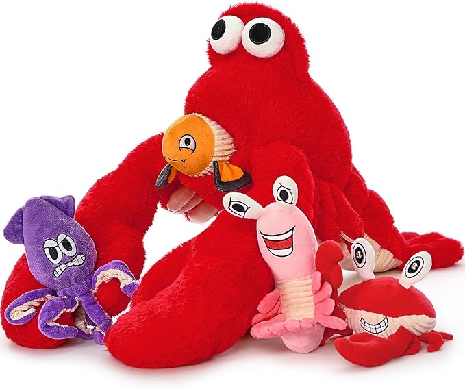 Muiteiur Soft 5 Piece Weighted Stuffed Animals, Lobster Plush Set Includes Mom Lobster,Shrimp,Crab,Octopus,Fish, Giant Crayfish Stuffed Animal with Weighted Claws (0.22 lb), Great Gift for Kids