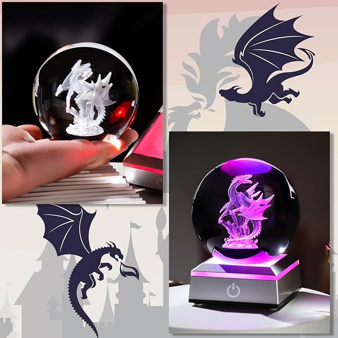 3D Dragon Crystal Sphere Gifts for Women Men Kids with Colorful LED Light Base 3.15 inch, Dragon Night Light for Boy Girl Xmas Cool Dragon Figurines Home Decor
