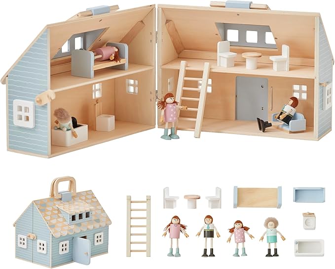 Olivia's Little World Wooden Cottage Dollhouse with 12 Accessories & 4 Figurines – Portable 2-Story Playhouse for 3.5" Dolls – Foldable Miniature Toy House for Girls Ages 3+