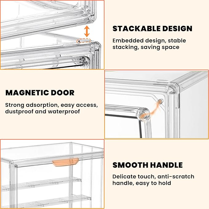 4 Tier Acrylic Display Case for Collectibles, Clear Adjustable Figure Display Case with Magnetic Door, Stackable Storage Box Showcase with 3 Shelves for Action Figures,Dolls,Toys, Large 4 Pack