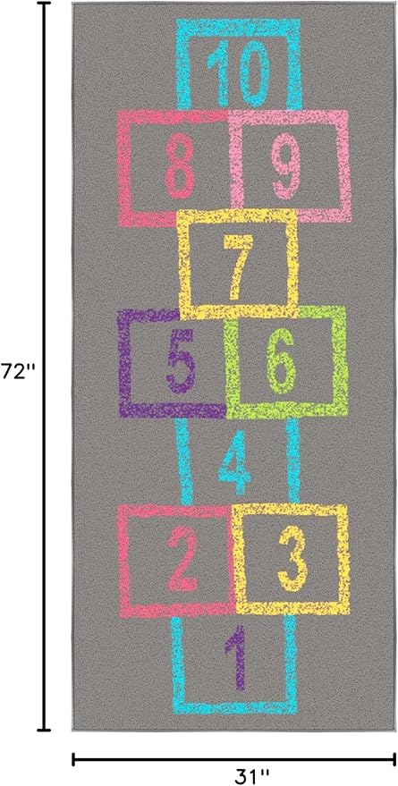 Ottomanson 2'7" x 6' Hopscotch Kids Rug - Play Mat for Playroom, Bedroom, Daycare & Classroom - Fun & Interactive Game Carpet - Durable and Non-Slip - Perfect for Learning & High-Traffic Areas, Gray