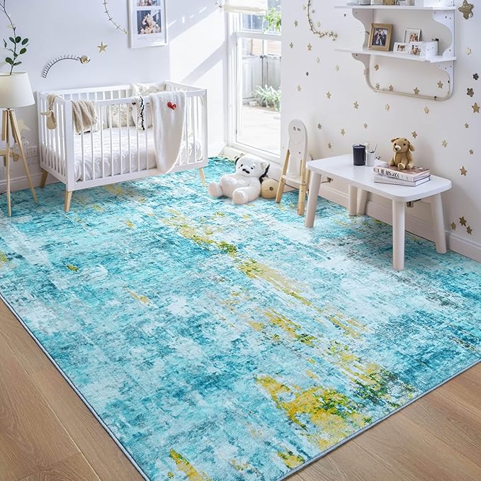 Ompaa Living Room Rug 8x10 Teal Blue Area Rugs Machine Washable Abstract Boho Large Rug Non-Slip Non-Shedding Faux Wool Indoor Vintage Carpet for Bedroom, Classroom, Dining Room, Kids Playroom