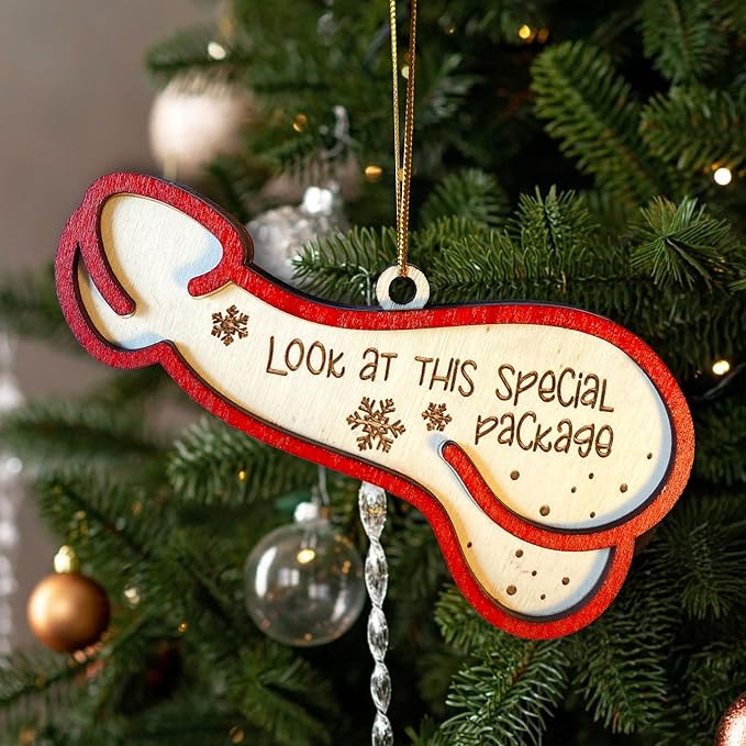 Penis Christmas Ornament - Penis Funny Christmas Tree Hangin Ornament- Look at This Special Package Novelty Christmas Ornament - Fun and Quirky Wooden Penis-Shaped Holiday Decoration