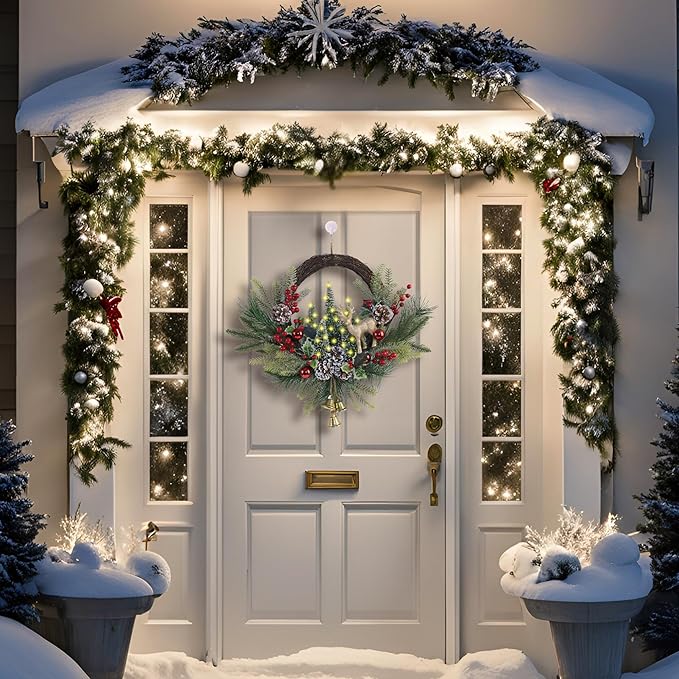 21" Pre-Lit Christmas Wreath for Front Door,Christmas Wreath Decorations with Golden Christmas Reindeer Jingle Bells Pine Cones,Christmas Door Wreath for Home Wall Window Indoor Outdoor Decor