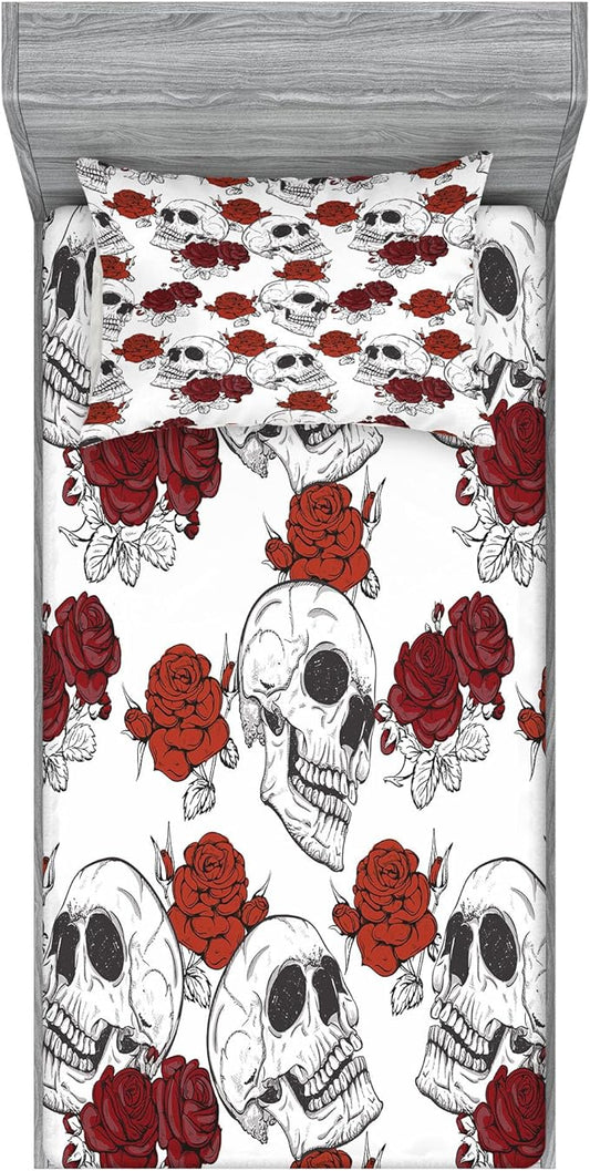 Ambesonne Skull Fitted Sheet & Pillow Sham Set, Retro Gothic Dead Head Skeleton with Roses Halloween Theme Spooky Trippy Romantic, Decorative Printed 2 Piece Bedding Decor Set, Twinxl, Grey